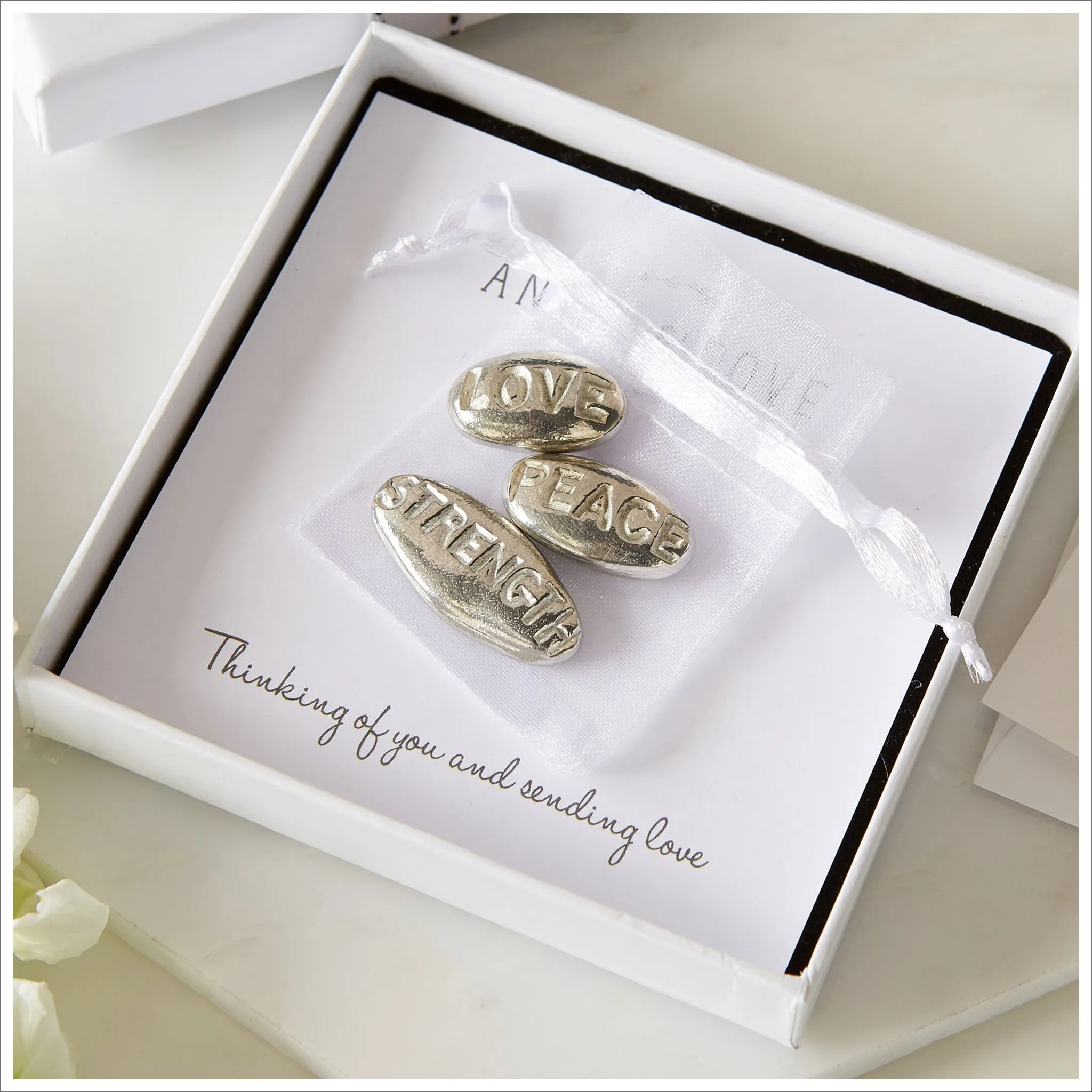 3 Pewter 'Peace, Love, Strength' Pebbles Sympathy Gift with Bag & Card