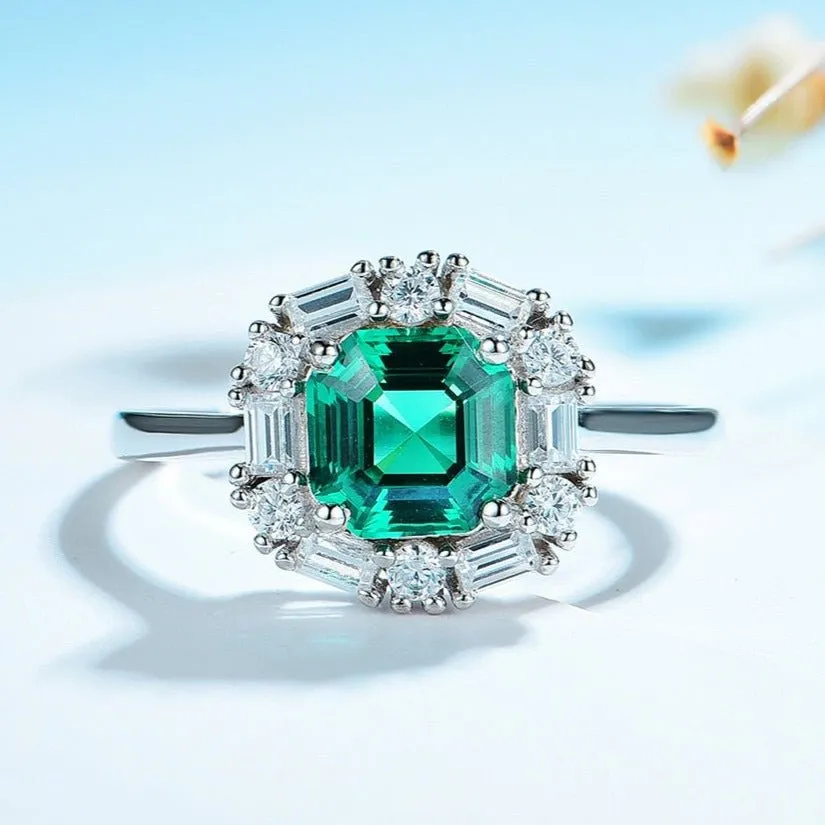 Asscher Cut Emerald Green Diamond Engagement Ring