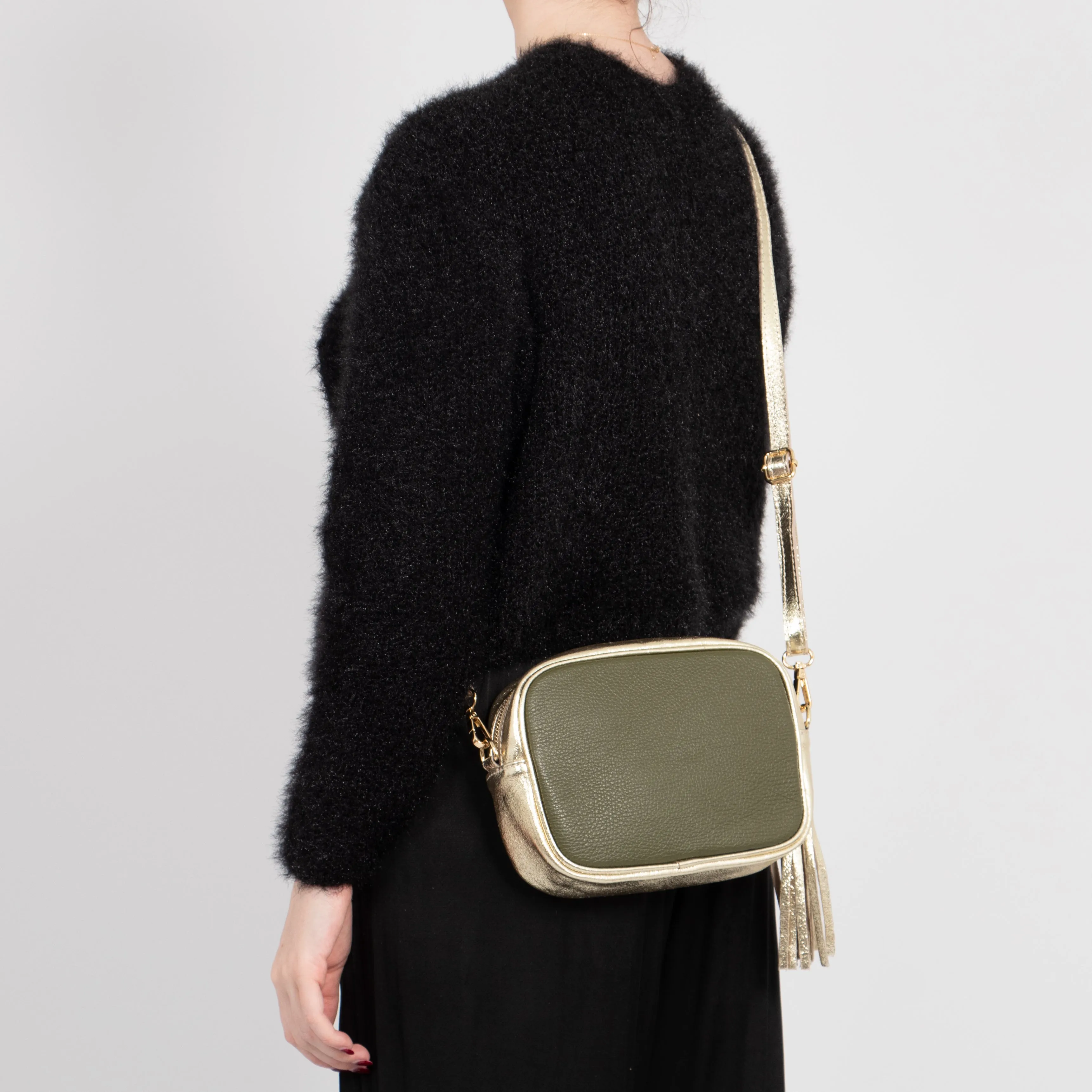 Beau - Italian Leather Crossbody Bag - Khaki/Gold, Pebbled