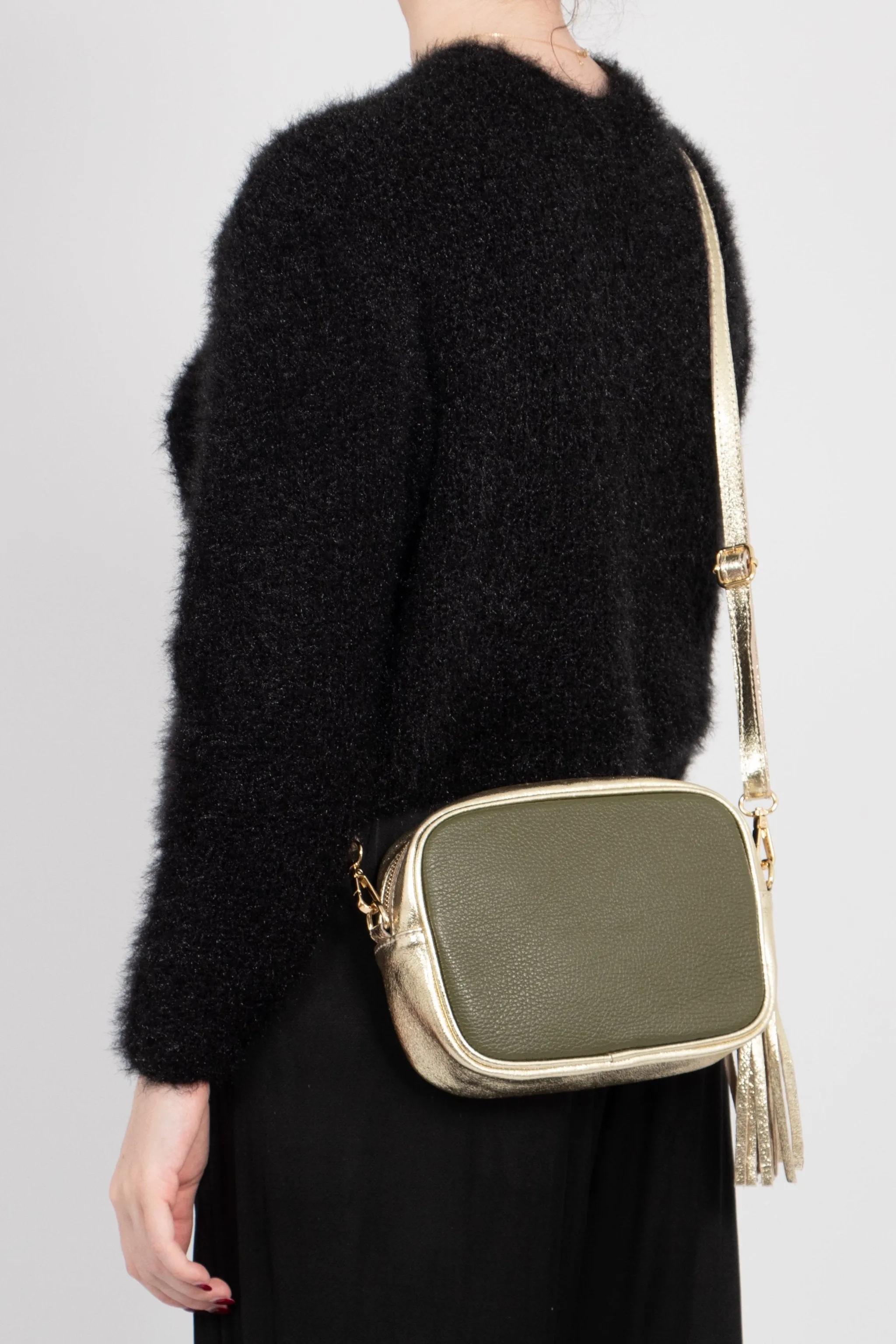 Beau - Italian Leather Crossbody Bag - Khaki/Gold, Pebbled