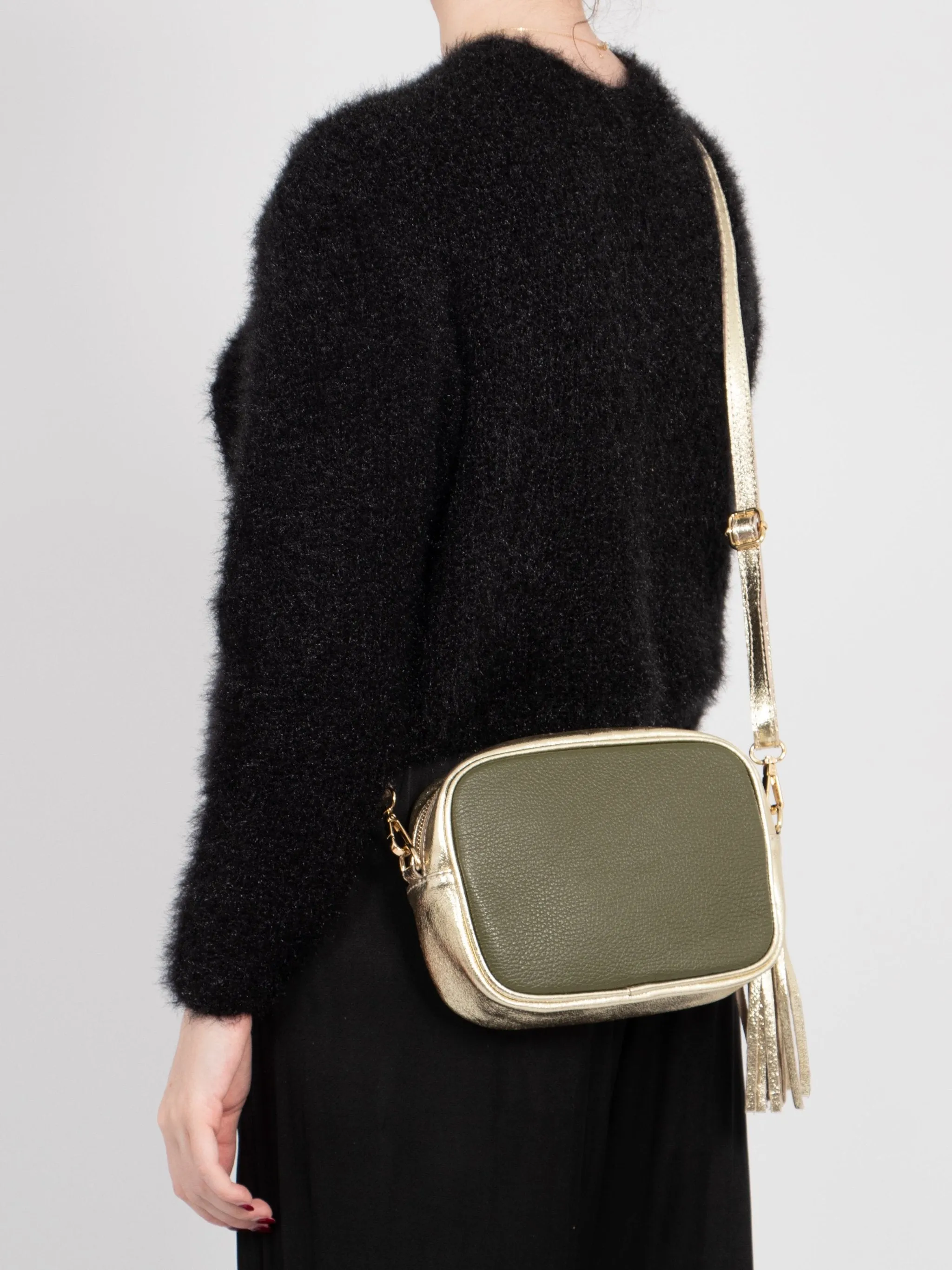 Beau - Italian Leather Crossbody Bag - Khaki/Gold, Pebbled