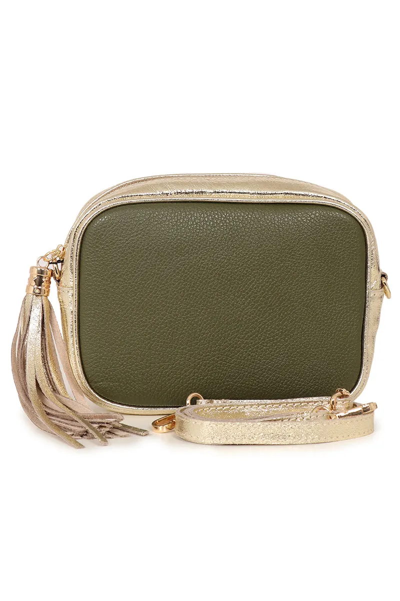 Beau - Italian Leather Crossbody Bag - Khaki/Gold, Pebbled