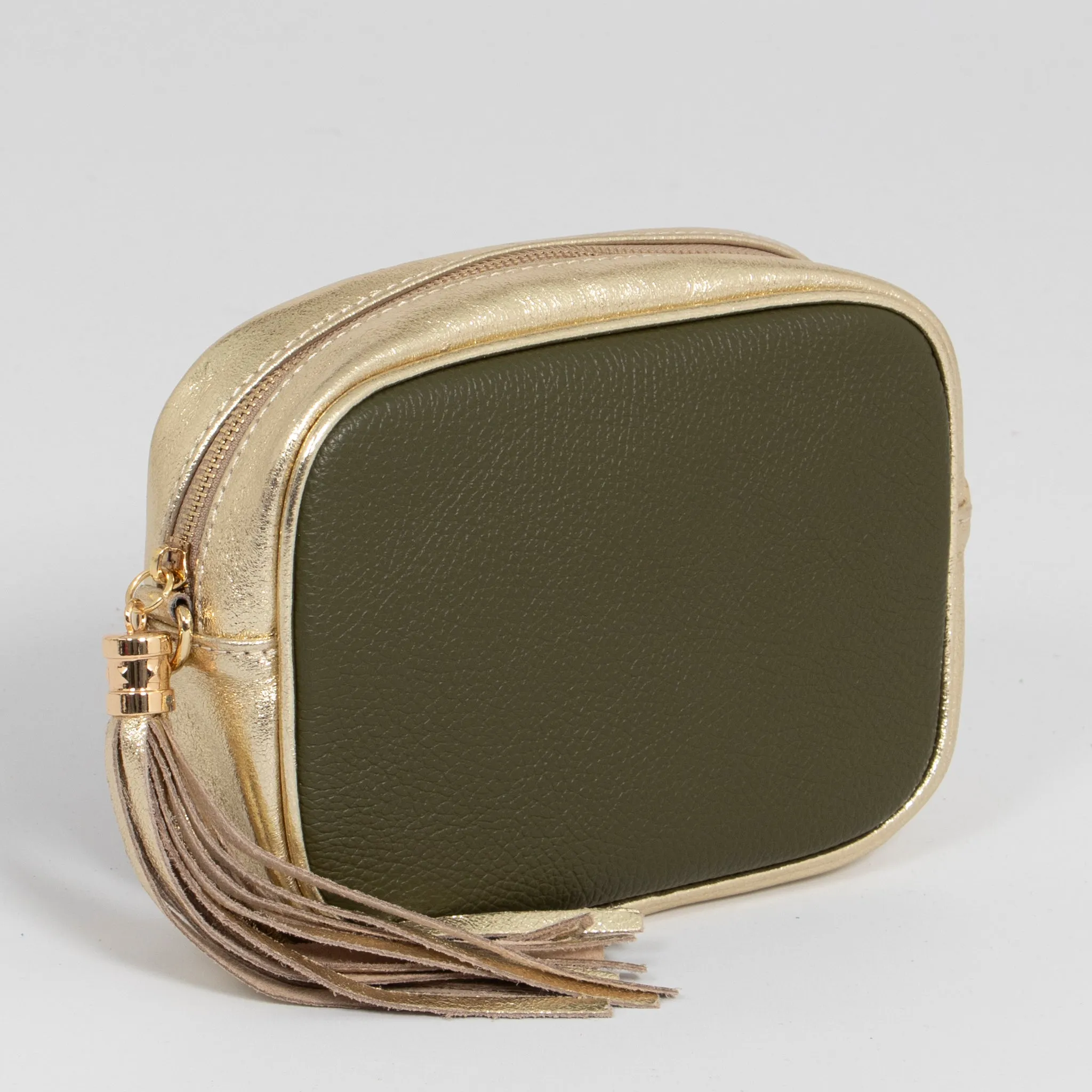 Beau - Italian Leather Crossbody Bag - Khaki/Gold, Pebbled