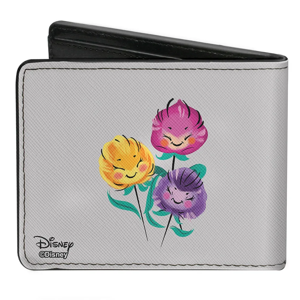 Bi-Fold Wallet - Alice Pose Cheshire Cat Face Flowers of Wonderland2   Flower Trio Gray Multi Color