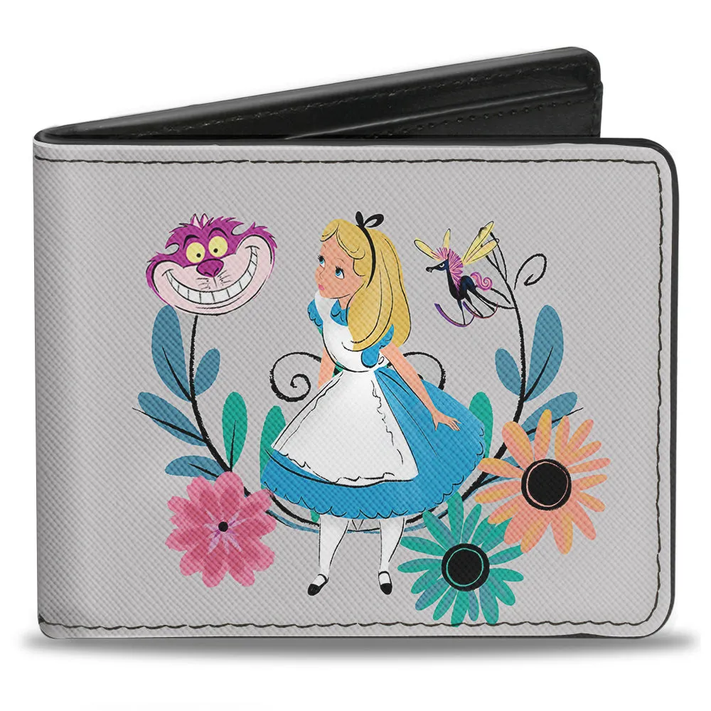 Bi-Fold Wallet - Alice Pose Cheshire Cat Face Flowers of Wonderland2   Flower Trio Gray Multi Color