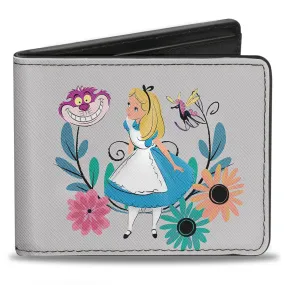 Bi-Fold Wallet - Alice Pose Cheshire Cat Face Flowers of Wonderland2   Flower Trio Gray Multi Color