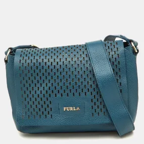 Blue Cut Out Leather Flap Crossbody Bag