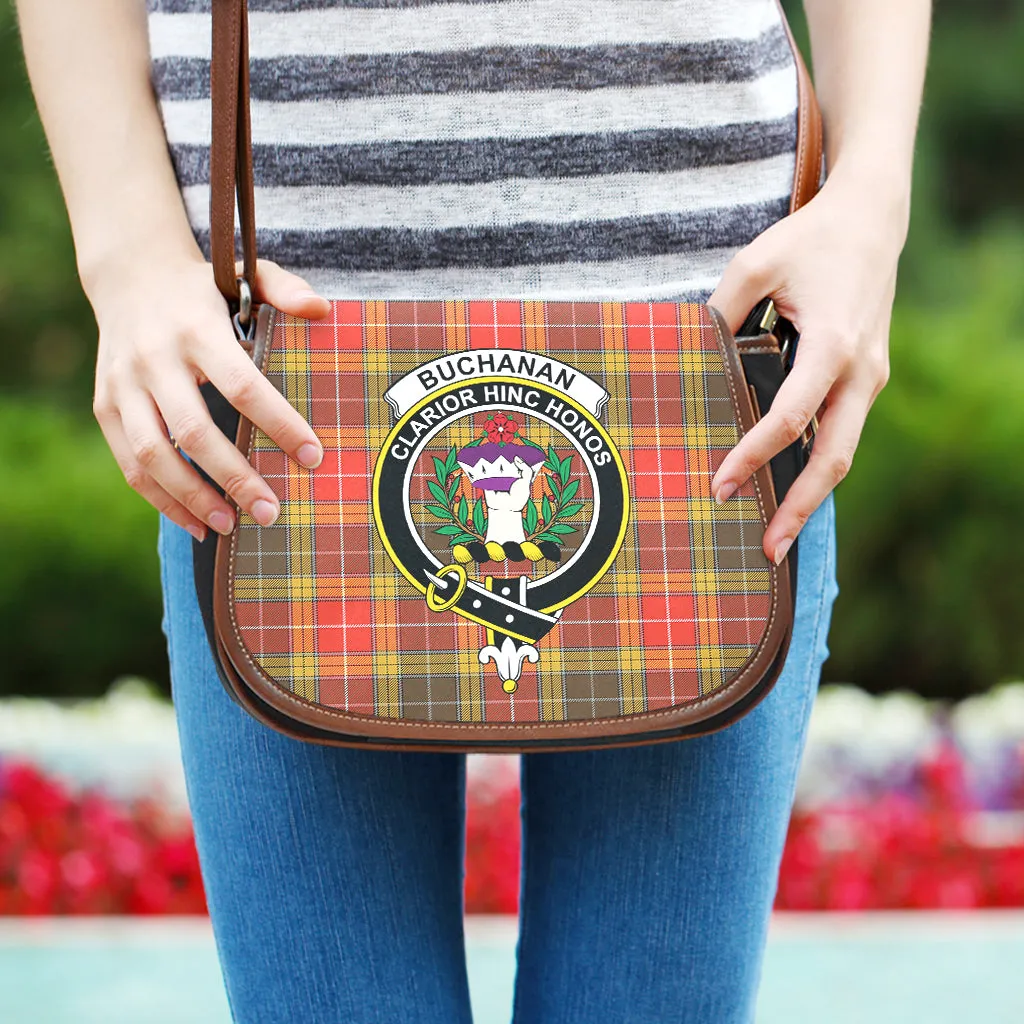 Buchanan Old Set Weathered Tartan Saddle Bag with Family Crest