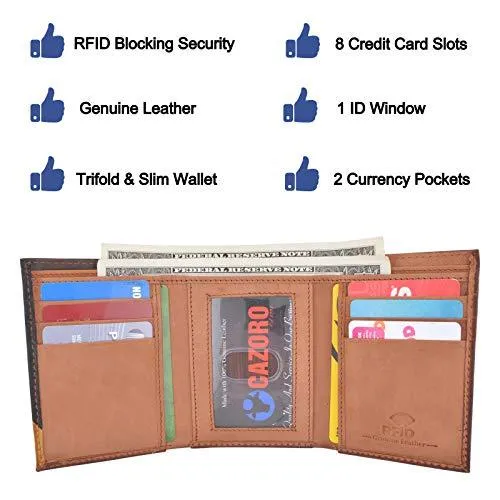 Cazoro Men's Wallet RFID Genuine Leather Slim Trifold with ID Window and Card Slots Light Brown RFID611298