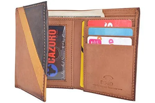 Cazoro Men's Wallet RFID Genuine Leather Slim Trifold with ID Window and Card Slots Light Brown RFID611298
