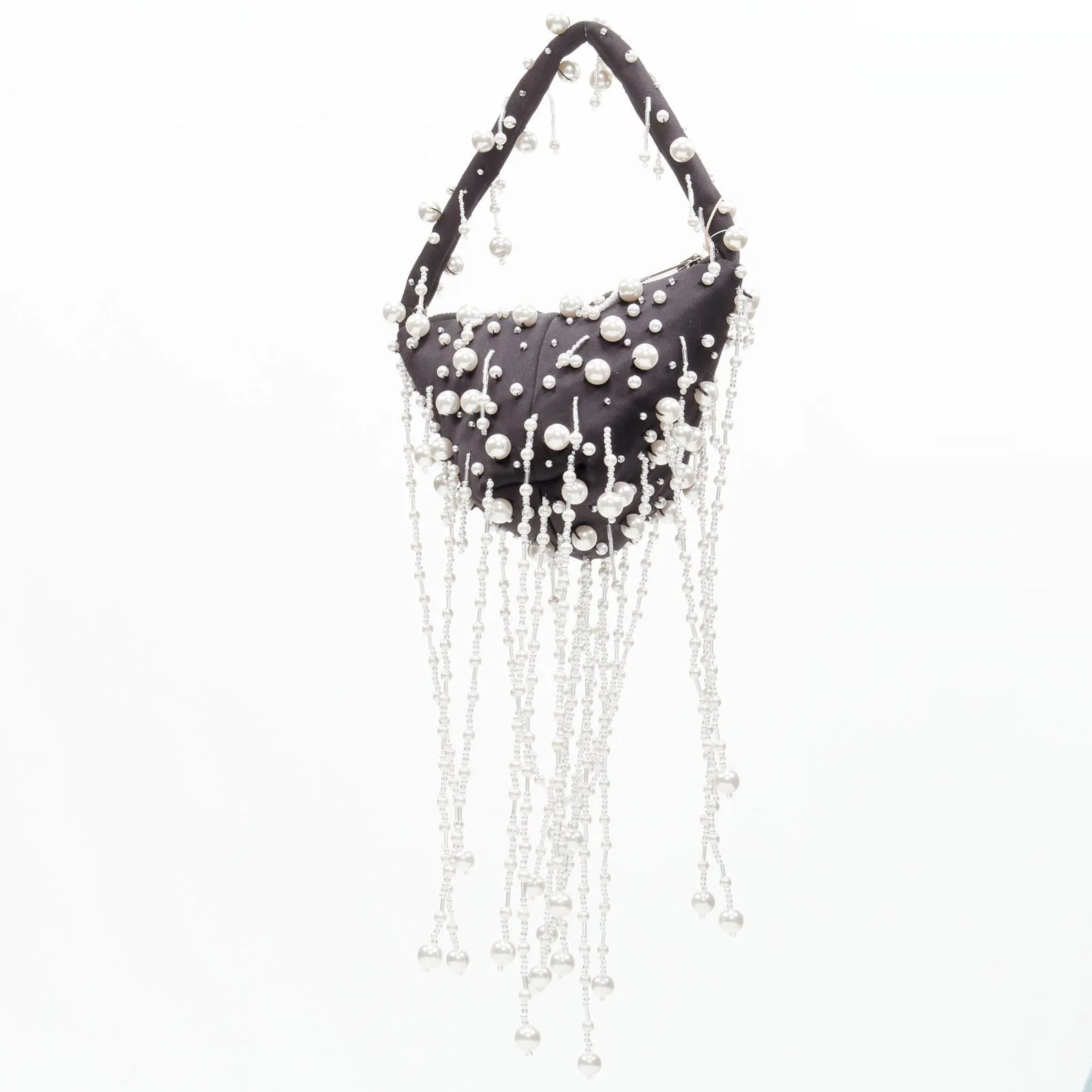 CHRISTOPHER KANE Runway pearl embellished black satin evening bag