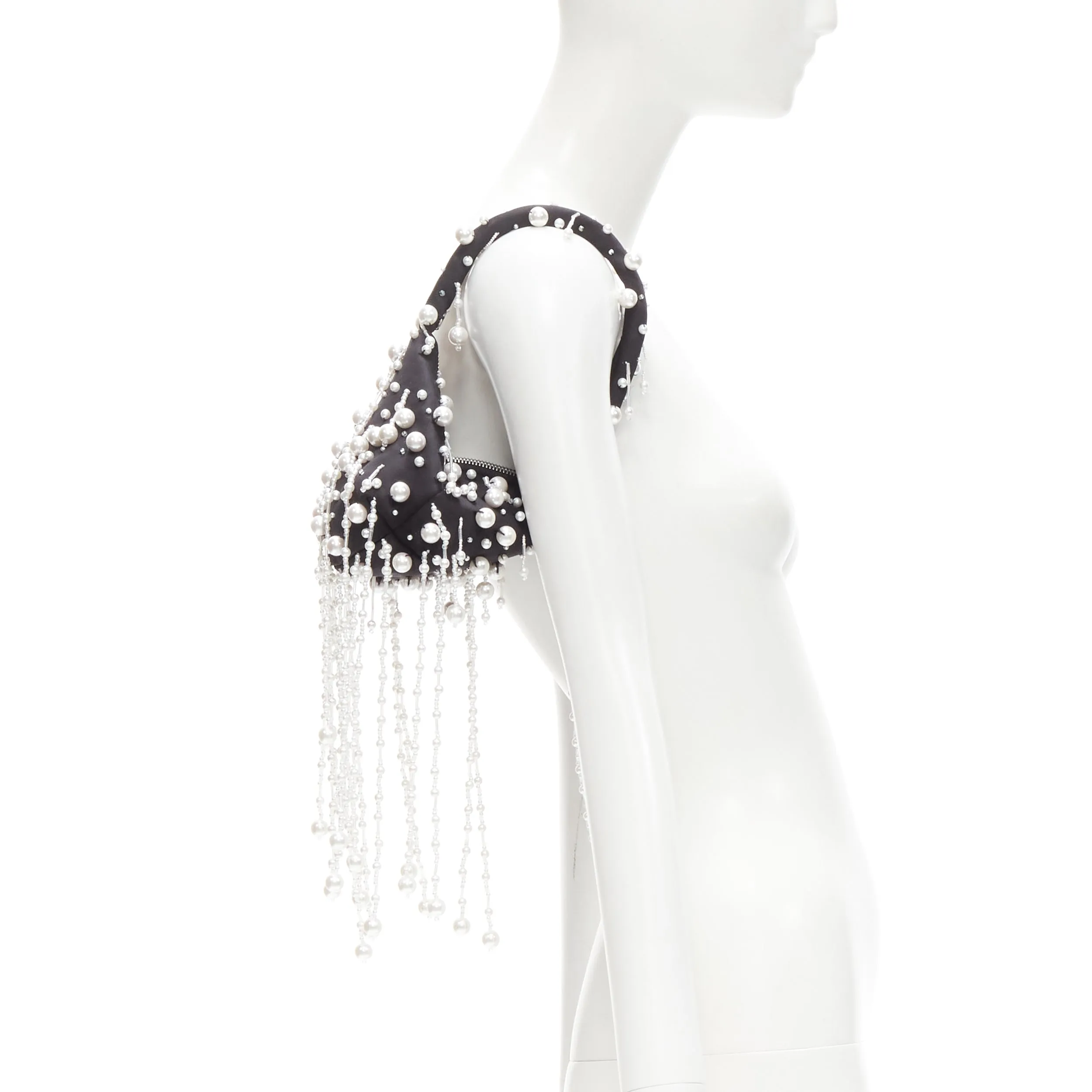 CHRISTOPHER KANE Runway pearl embellished black satin evening bag