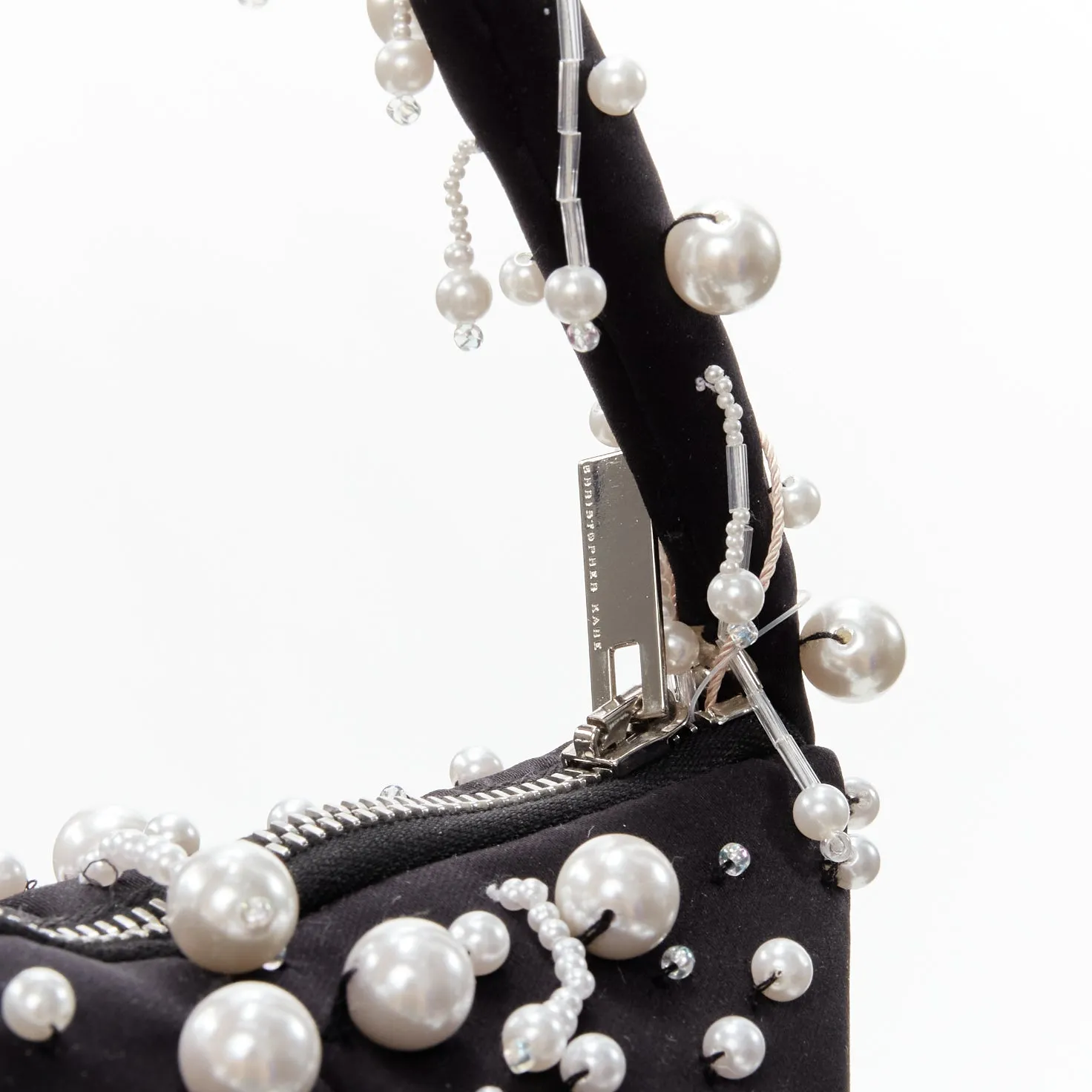 CHRISTOPHER KANE Runway pearl embellished black satin evening bag
