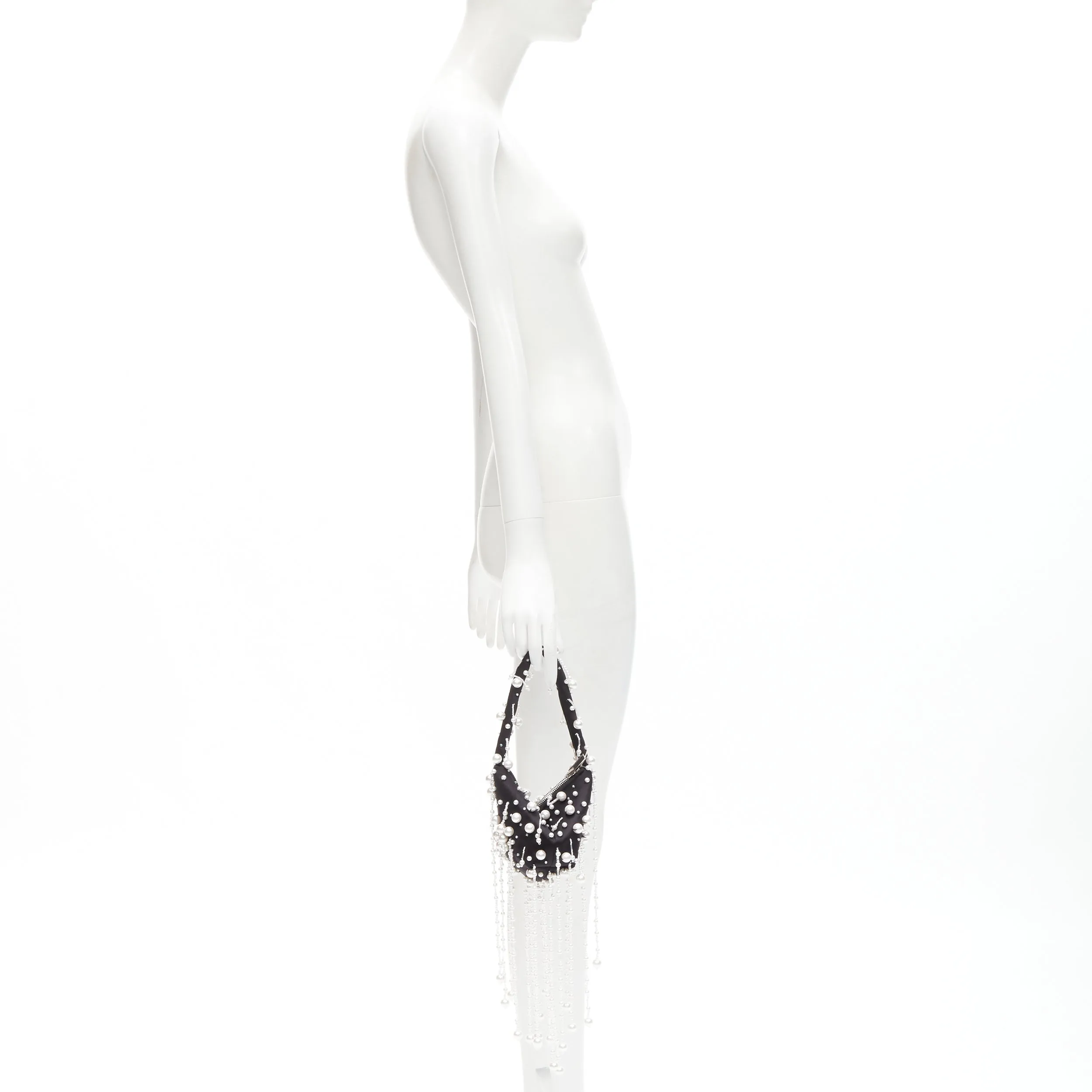 CHRISTOPHER KANE Runway pearl embellished black satin evening bag