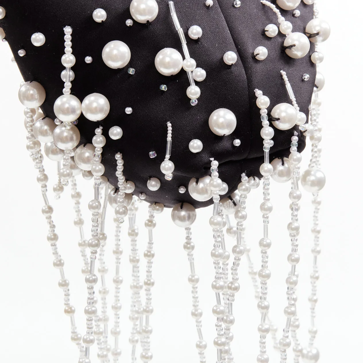 CHRISTOPHER KANE Runway pearl embellished black satin evening bag