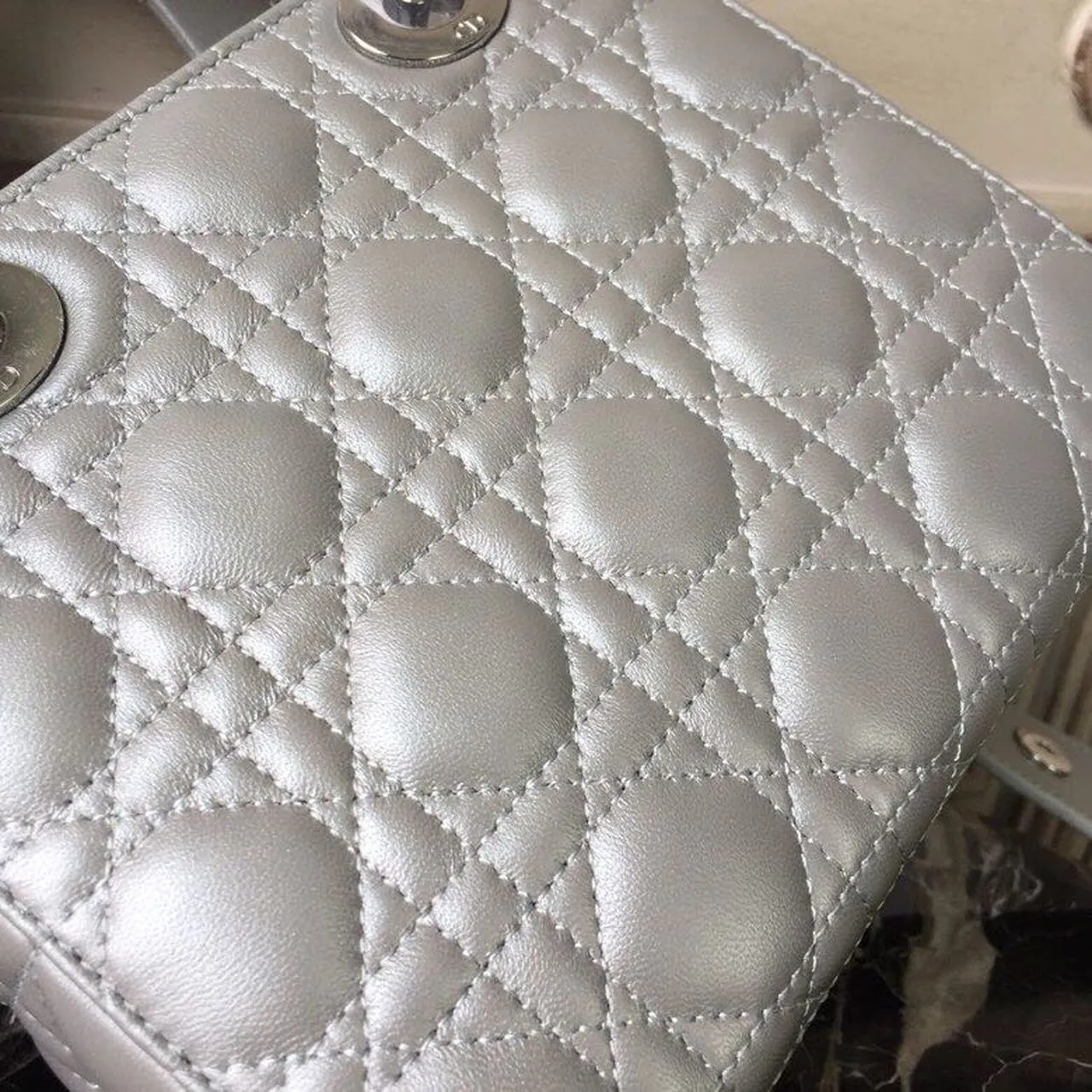 DI Small Opaline Gray Pearlescent Cannage Lady Bag Hardware Pearl Silver For Women 8in/20cm CD