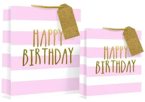 Happy Birthday Design Gift Bag 26 x 14 x 33cm - Pink Candy Stripe Large