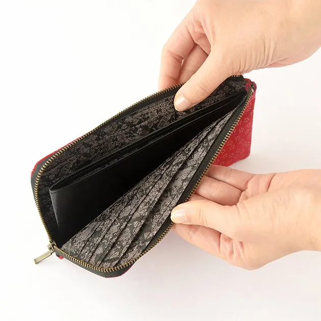 Koshu Inden Japanese Deerskin Leather with Urushi (Japanese Lacquer) L-Zip Long Wallet - Cherry Blossom / Red - ,  Made in Japan,  Japanese Leather Wallet