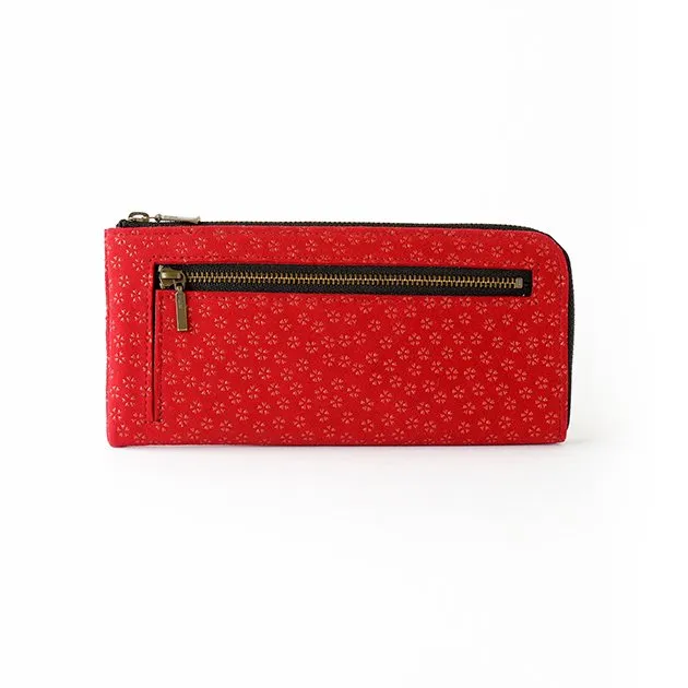 Koshu Inden Japanese Deerskin Leather with Urushi (Japanese Lacquer) L-Zip Long Wallet - Cherry Blossom / Red - ,  Made in Japan,  Japanese Leather Wallet