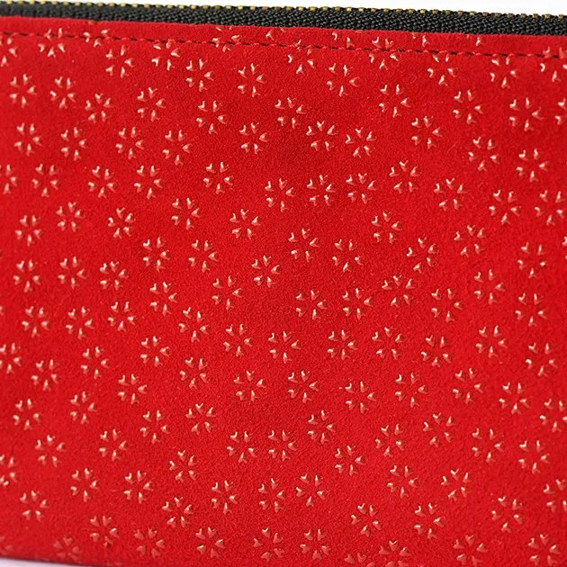 Koshu Inden Japanese Deerskin Leather with Urushi (Japanese Lacquer) L-Zip Long Wallet - Cherry Blossom / Red - ,  Made in Japan,  Japanese Leather Wallet