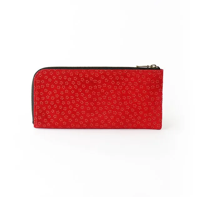 Koshu Inden Japanese Deerskin Leather with Urushi (Japanese Lacquer) L-Zip Long Wallet - Cherry Blossom / Red - ,  Made in Japan,  Japanese Leather Wallet