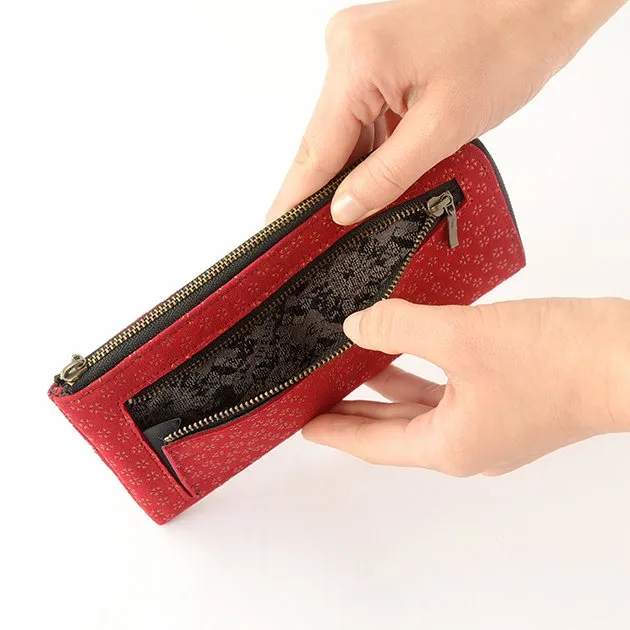 Koshu Inden Japanese Deerskin Leather with Urushi (Japanese Lacquer) L-Zip Long Wallet - Cherry Blossom / Red - ,  Made in Japan,  Japanese Leather Wallet