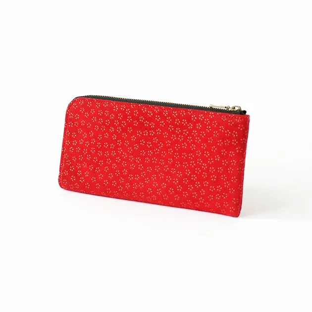 Koshu Inden Japanese Deerskin Leather with Urushi (Japanese Lacquer) L-Zip Long Wallet - Cherry Blossom / Red - ,  Made in Japan,  Japanese Leather Wallet