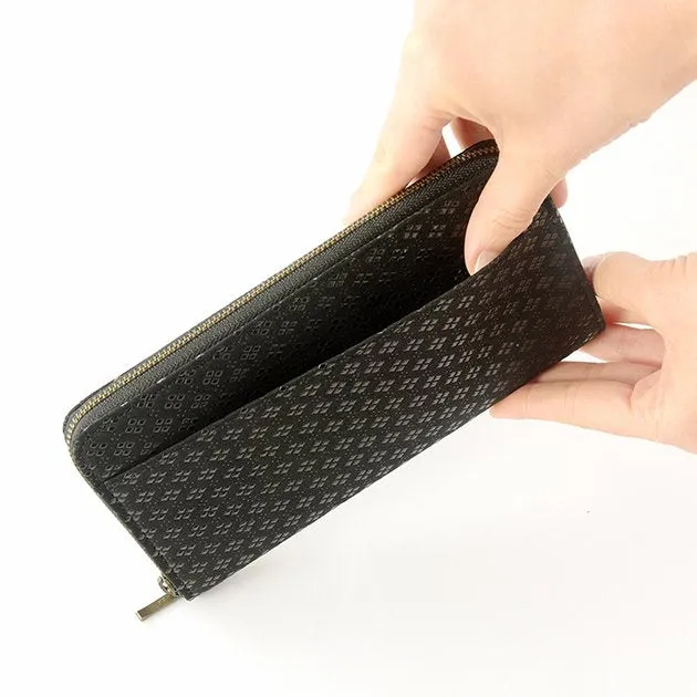 Koshu Inden Japanese Deerskin Leather with Urushi (Japanese Lacquer) U-Zip Long Wallet - Hishimon (Japanese Family Crest Pattern) / Gray-Black - ,  Made in Japan,  Japanese Leather Wallet