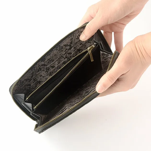 Koshu Inden Japanese Deerskin Leather with Urushi (Japanese Lacquer) U-Zip Long Wallet - Hishimon (Japanese Family Crest Pattern) / Gray-Black - ,  Made in Japan,  Japanese Leather Wallet
