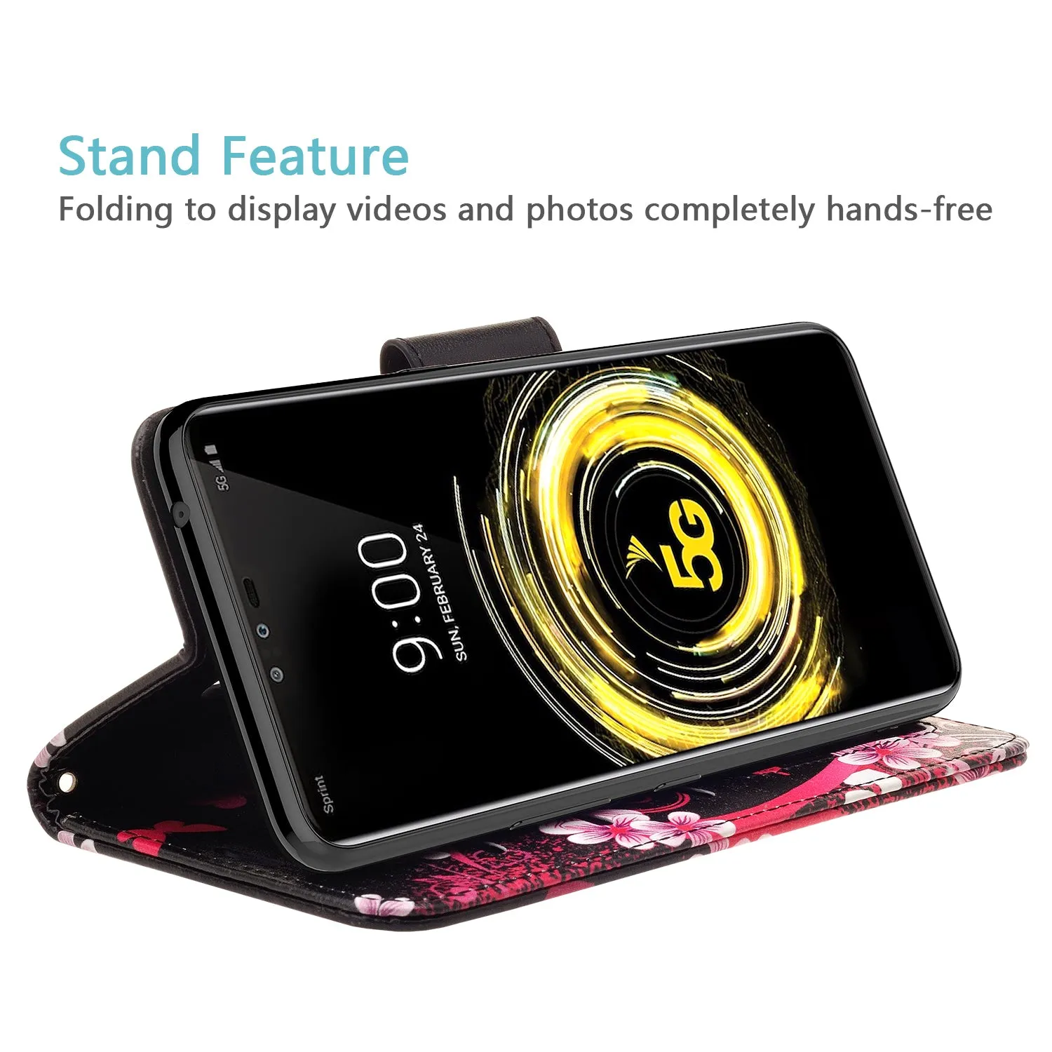 LG V50 ThinQ 5G Case, V50 ThinQ Wallet Case, Wrist Strap Pu Leather Wallet Case [Kickstand] with ID & Credit Card Slots - Heart Butterflies