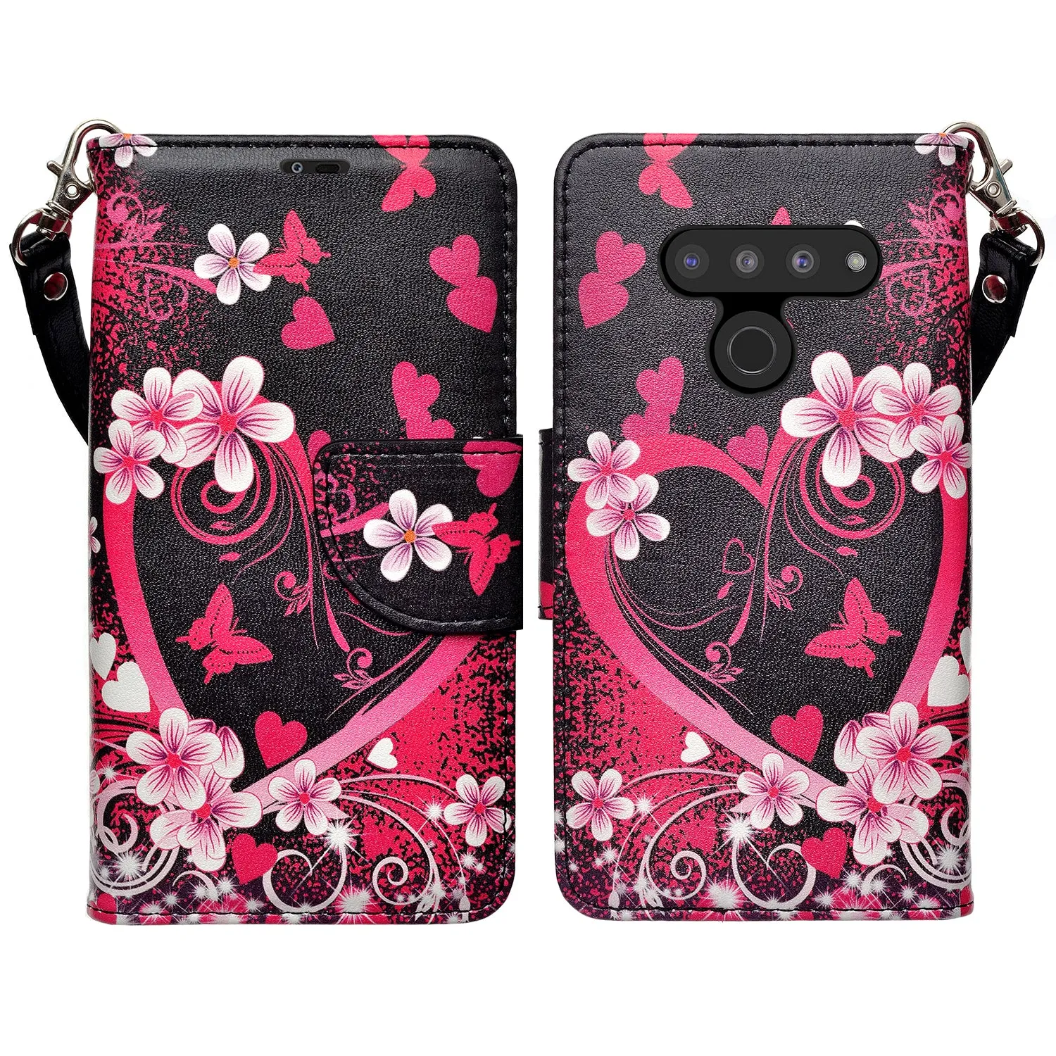 LG V50 ThinQ 5G Case, V50 ThinQ Wallet Case, Wrist Strap Pu Leather Wallet Case [Kickstand] with ID & Credit Card Slots - Heart Butterflies