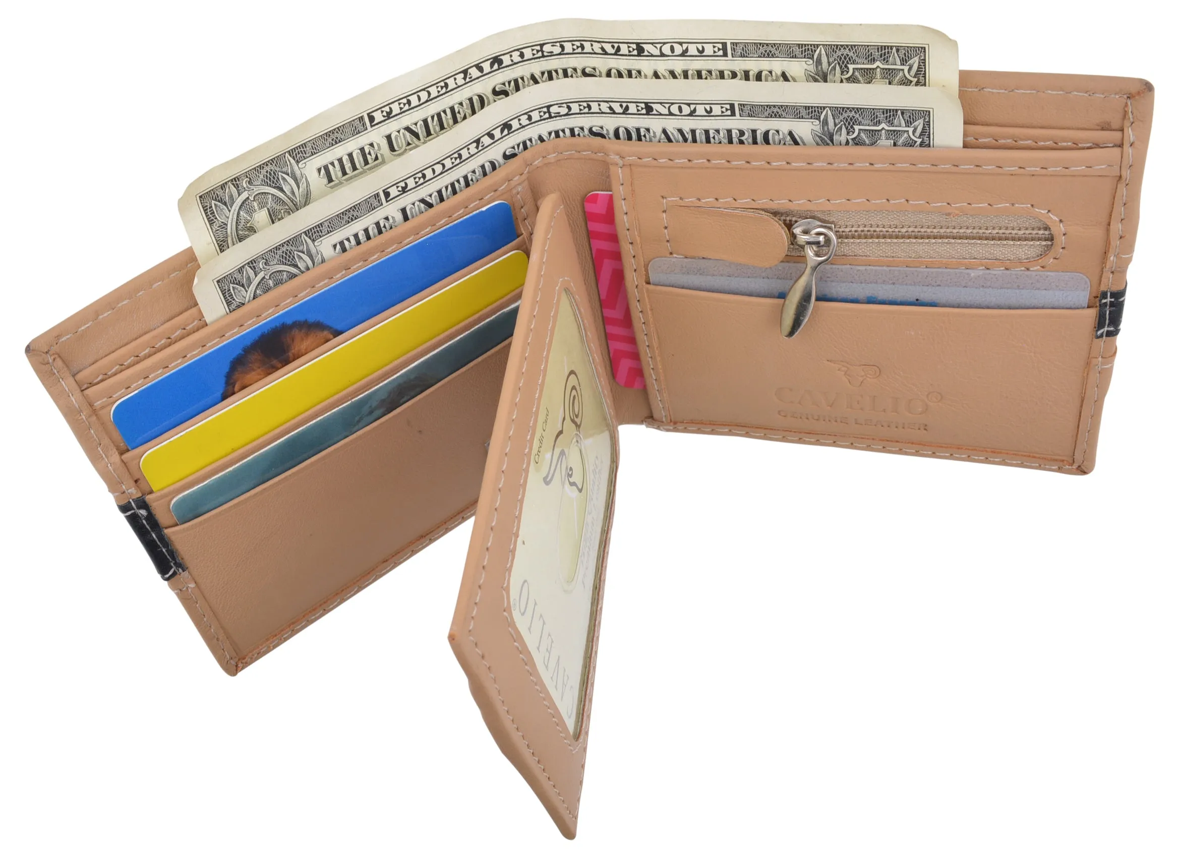 Men's Premium Center Flap Card ID Holder Bifold Wallet With Zipper Coin Pocket
