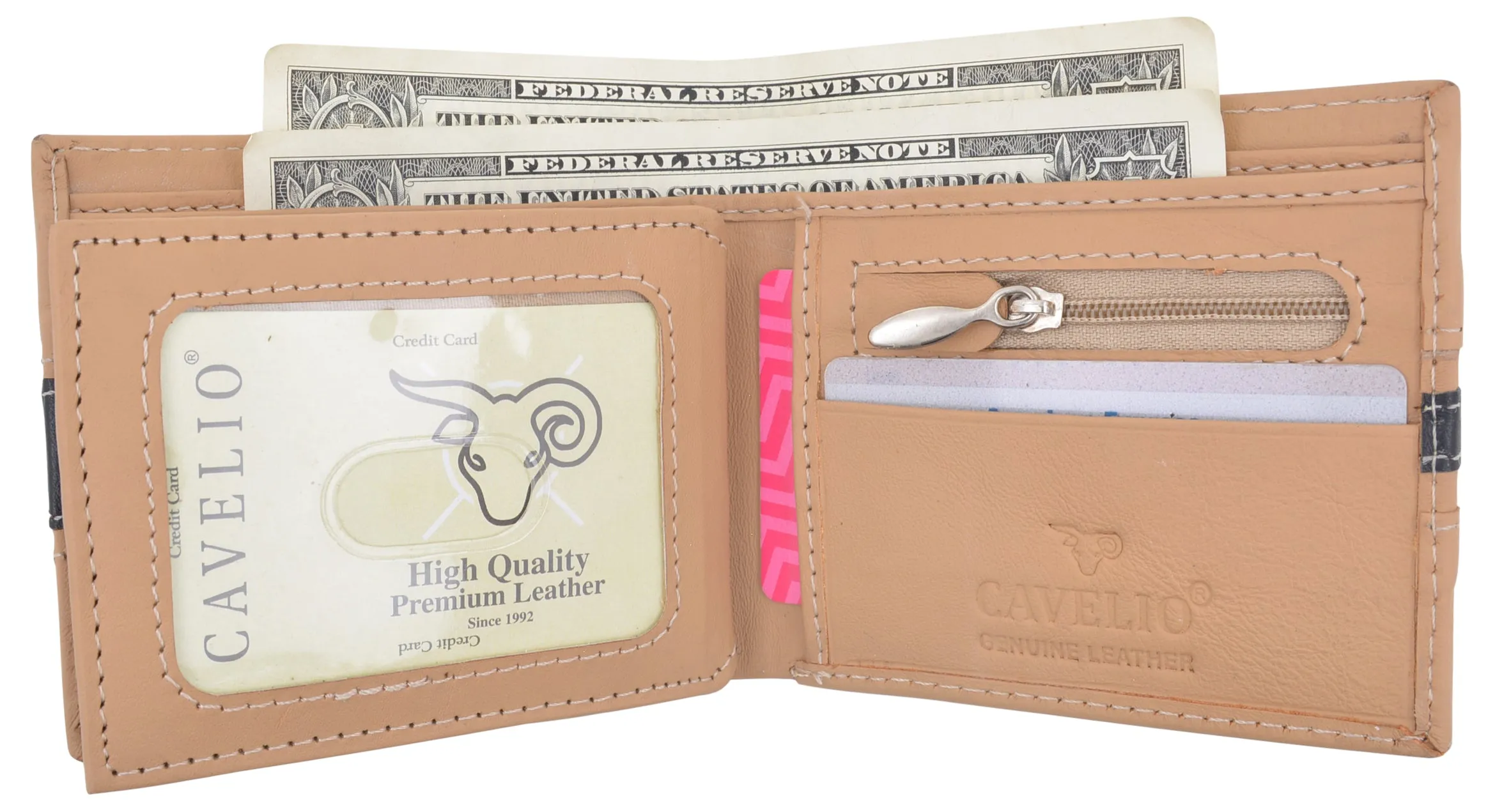 Men's Premium Center Flap Card ID Holder Bifold Wallet With Zipper Coin Pocket