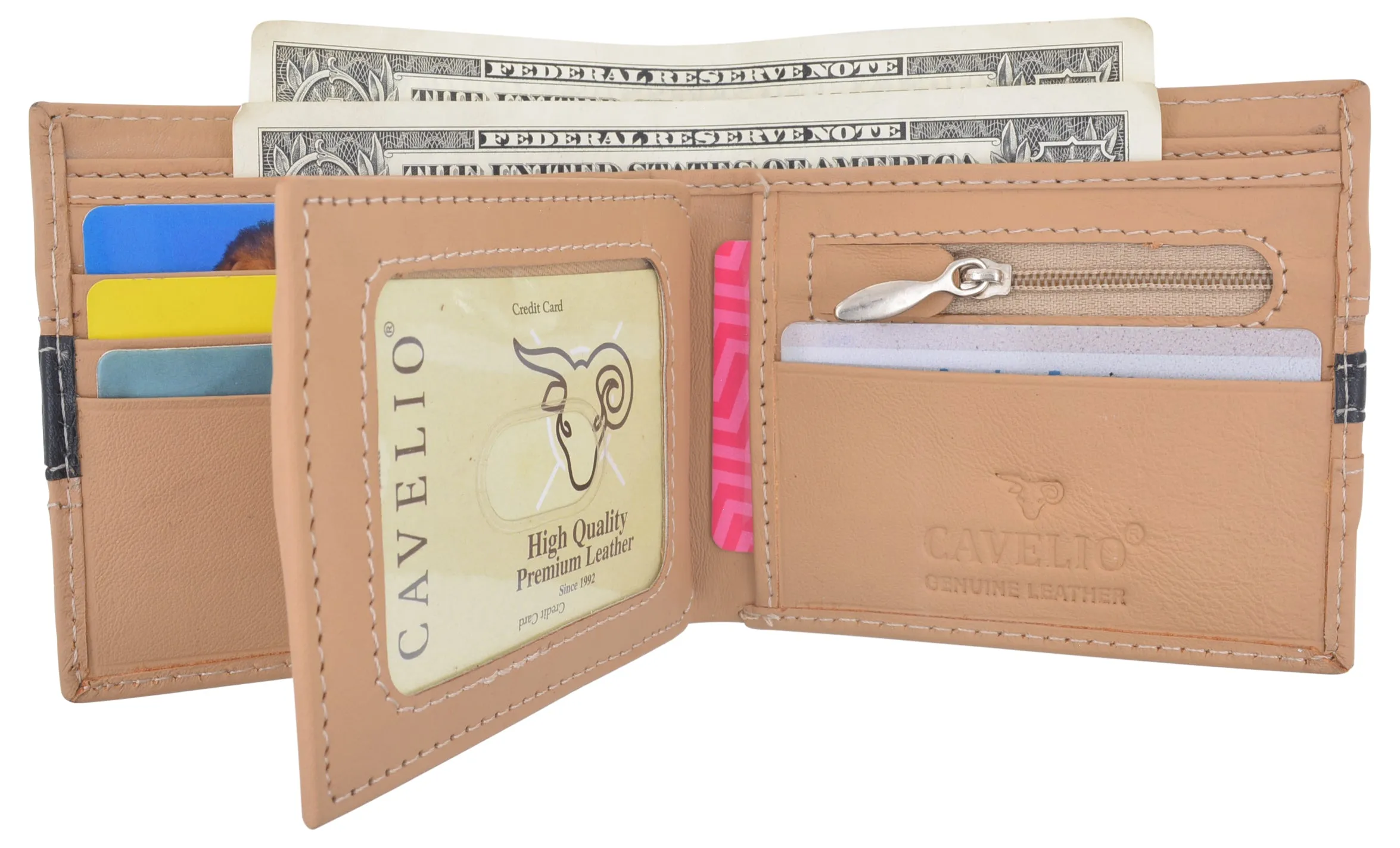 Men's Premium Center Flap Card ID Holder Bifold Wallet With Zipper Coin Pocket