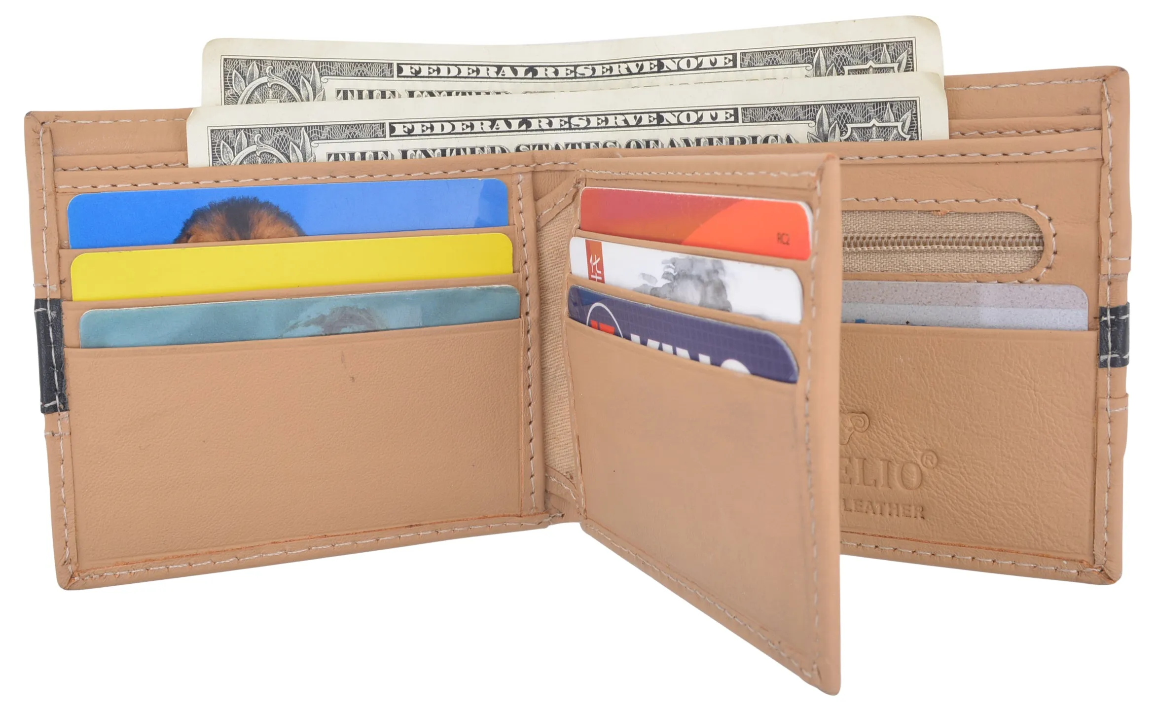Men's Premium Center Flap Card ID Holder Bifold Wallet With Zipper Coin Pocket