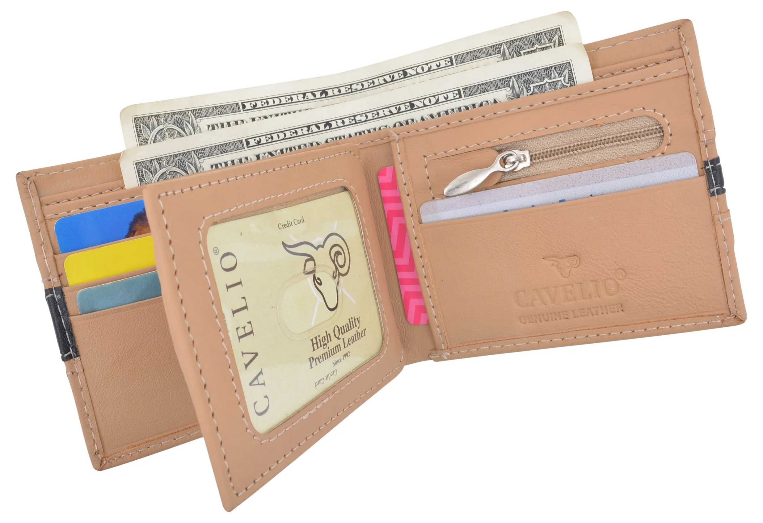 Men's Premium Center Flap Card ID Holder Bifold Wallet With Zipper Coin Pocket