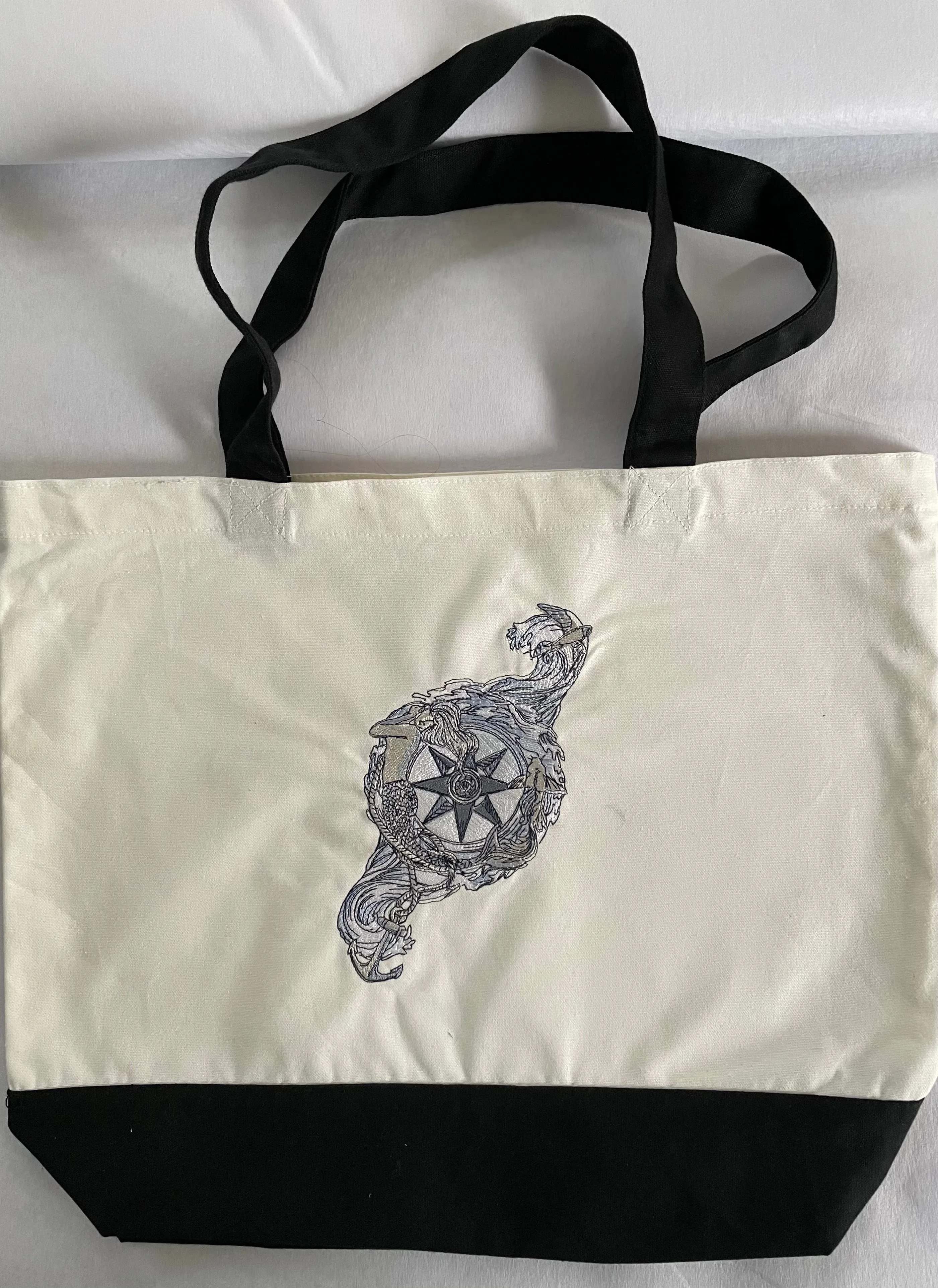 Mermaid With Compass Embroidered Cotton Canvas Tote Bag
