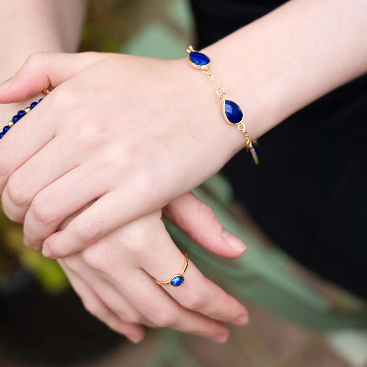 Natural Lapis Stone Clasp Bracelet In Gold-Tone