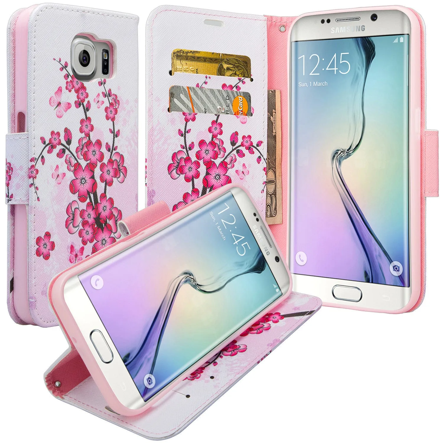 Samsung Galaxy S6 Edge Case, Wrist Strap Flip Fold[Kickstand] Pu Leather Wallet Case with ID & Card Slots for Galaxy S6 Edge - Cherry Blossom