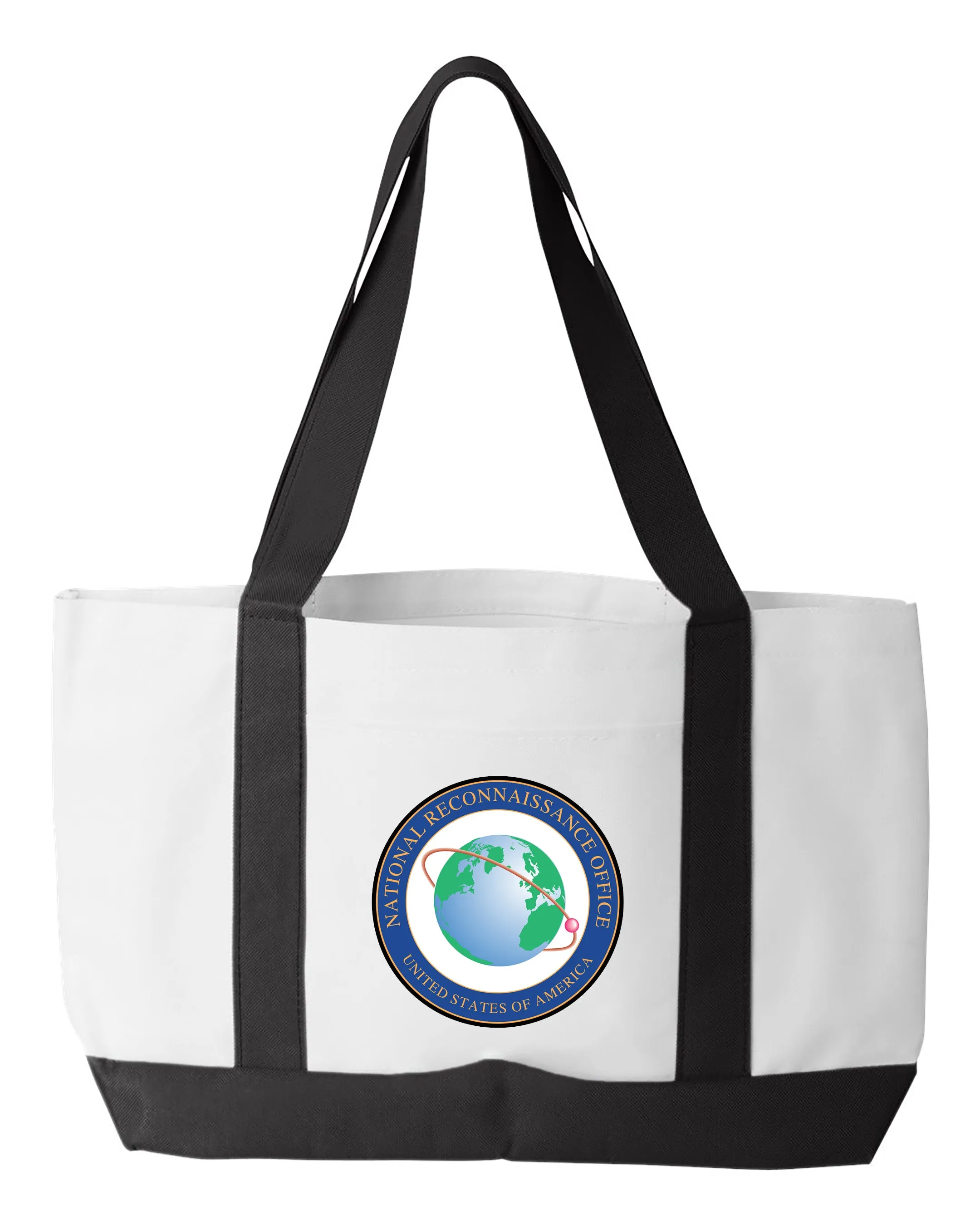 Shopping Bag - Multiple Designs. 18.5"W x 12"H with 3.5" depth. White Polyester with Black Straps and Bottom.
