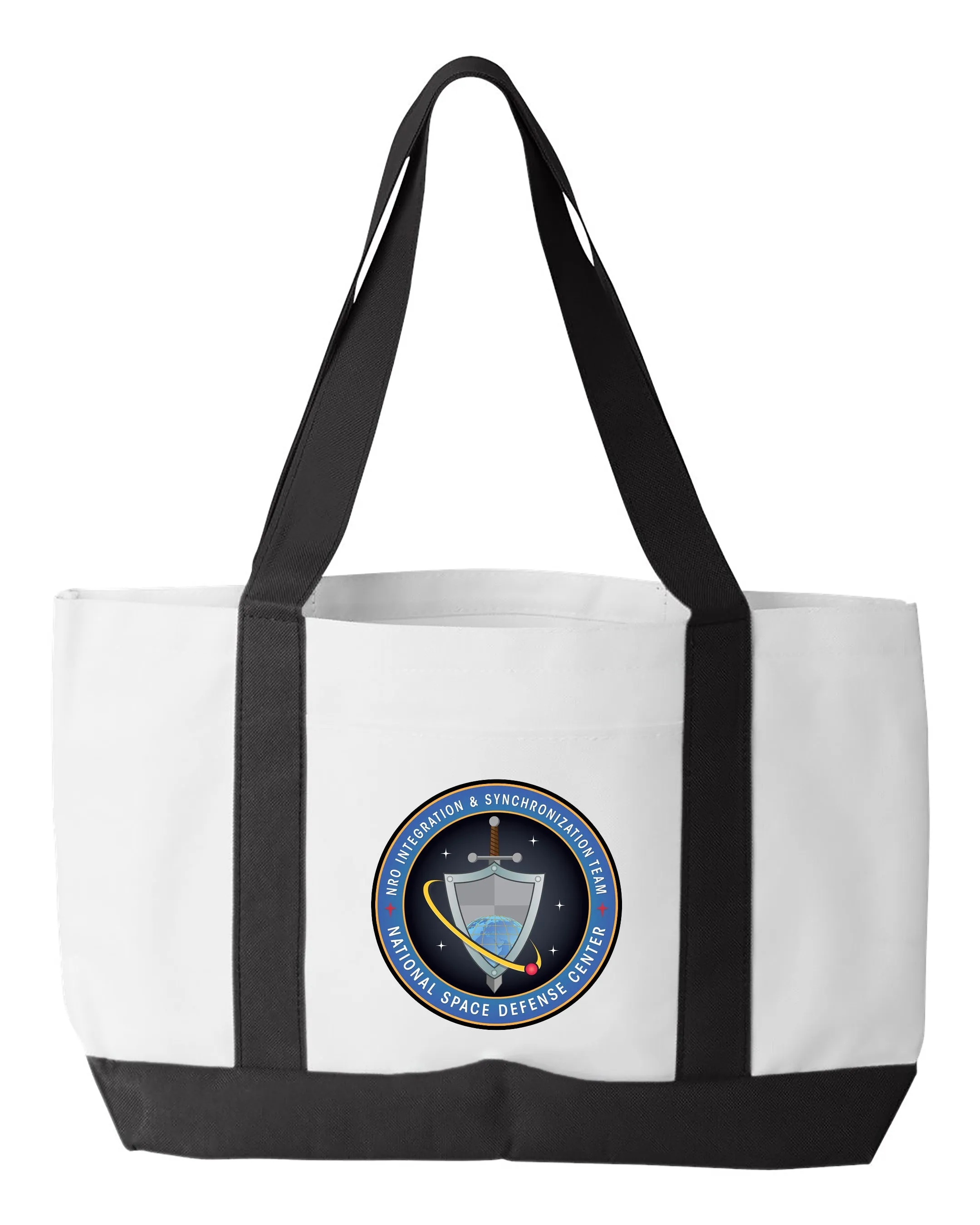Shopping Bag - Multiple Designs. 18.5"W x 12"H with 3.5" depth. White Polyester with Black Straps and Bottom.
