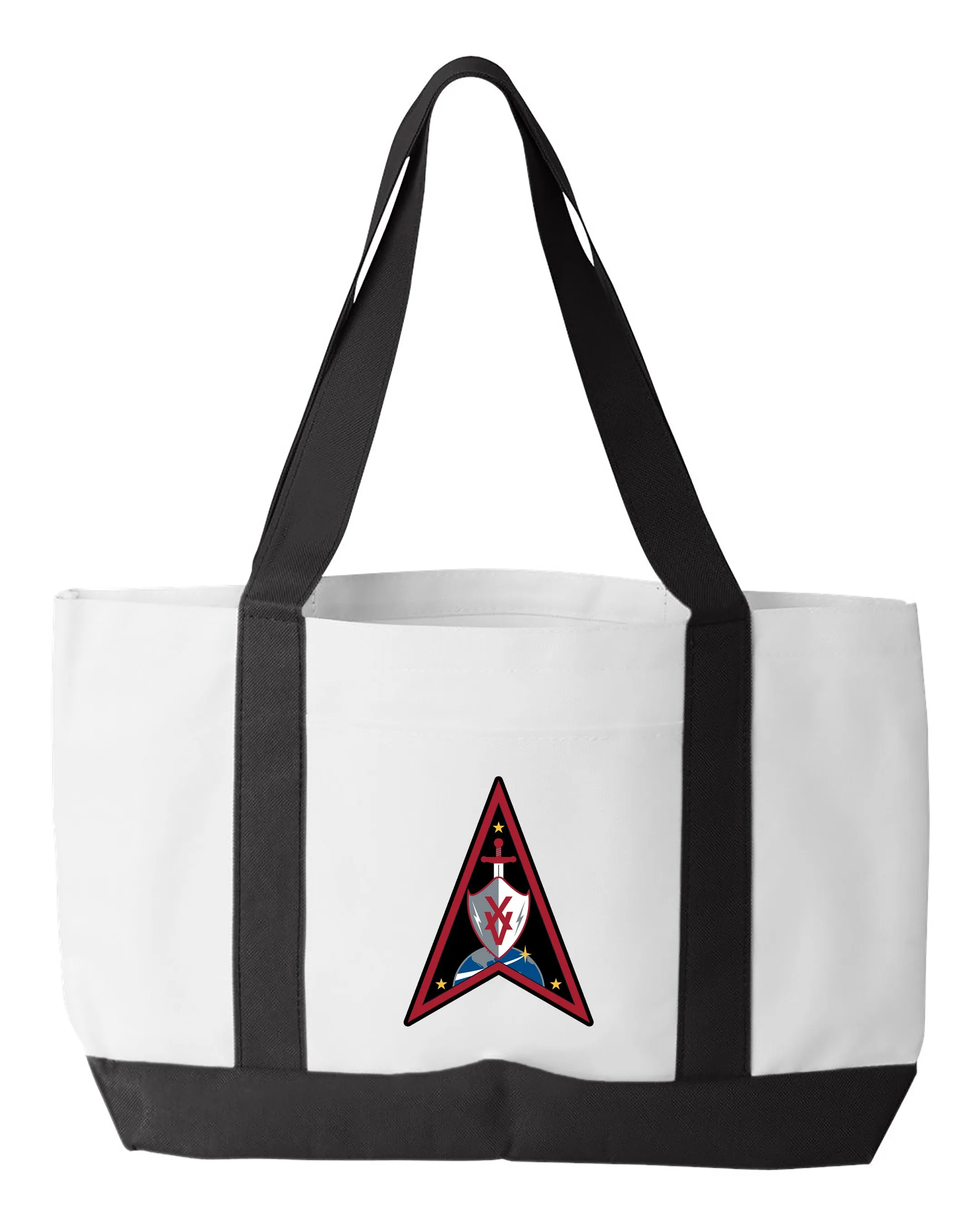 Shopping Bag - Multiple Designs. 18.5"W x 12"H with 3.5" depth. White Polyester with Black Straps and Bottom.