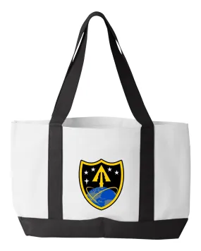 Shopping Bag - Multiple Designs. 18.5"W x 12"H with 3.5" depth. White Polyester with Black Straps and Bottom.