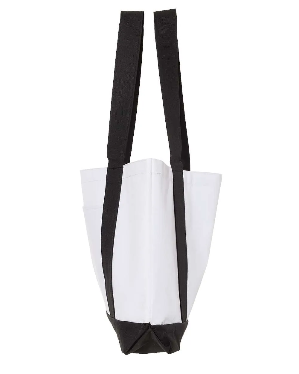 Shopping Bag - Multiple Designs. 18.5"W x 12"H with 3.5" depth. White Polyester with Black Straps and Bottom.