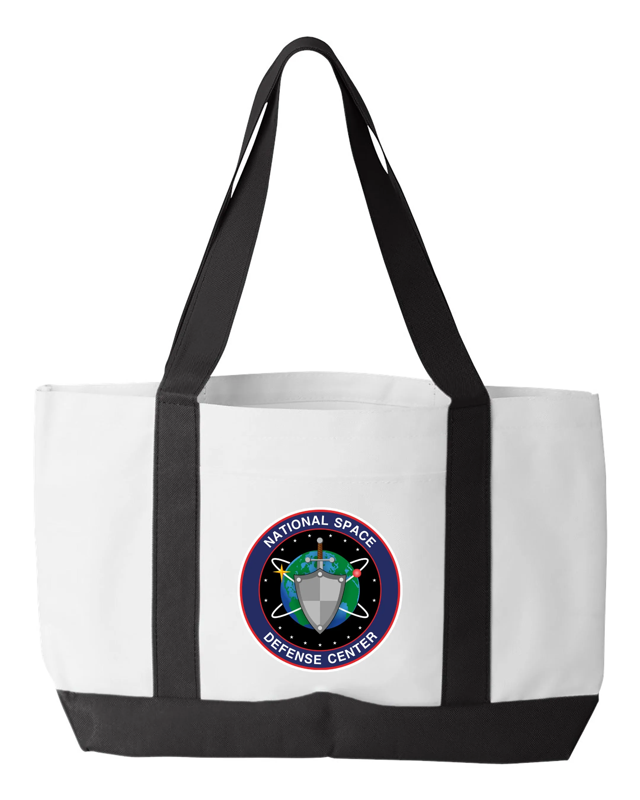 Shopping Bag - Multiple Designs. 18.5"W x 12"H with 3.5" depth. White Polyester with Black Straps and Bottom.