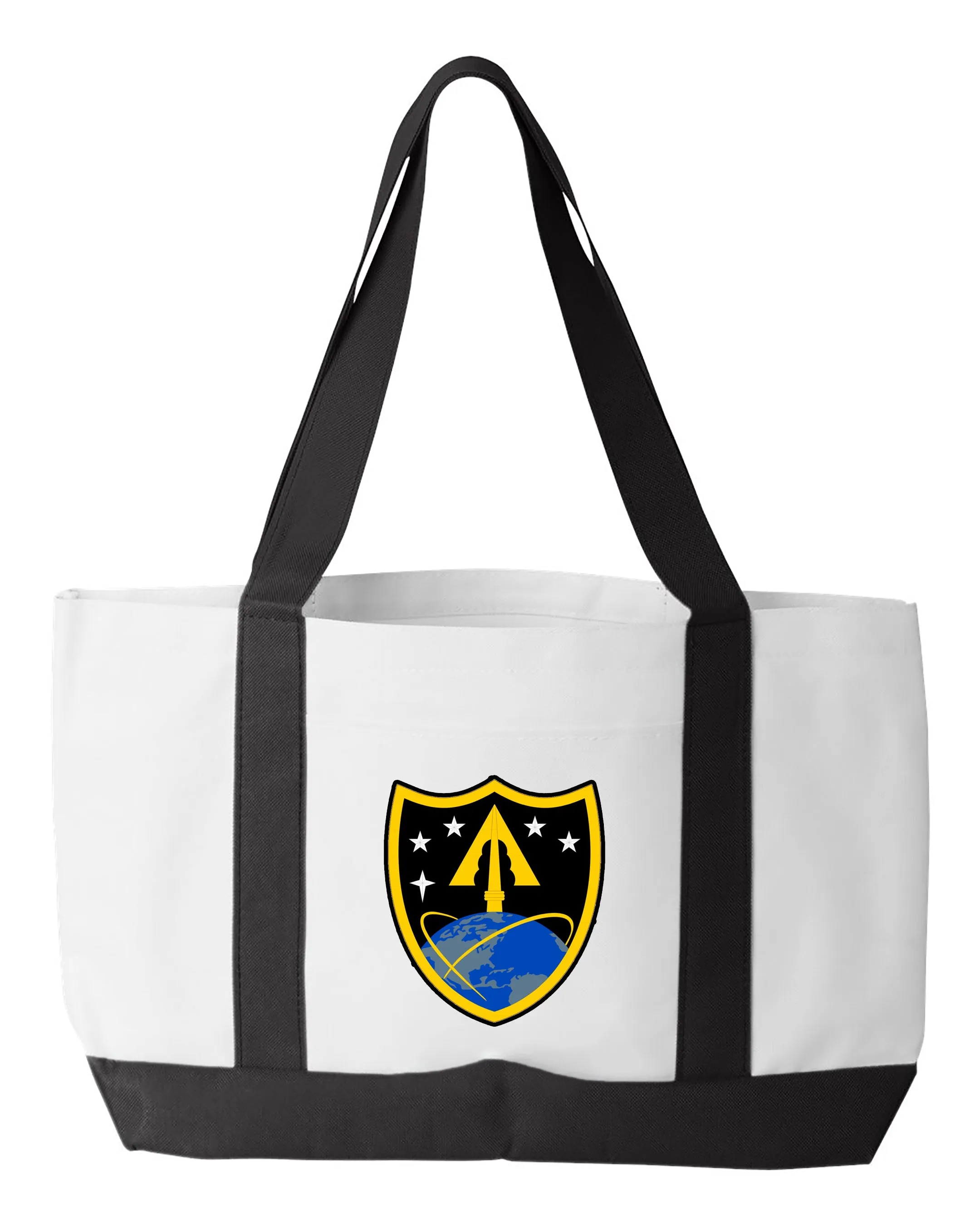 Shopping Bag - Multiple Designs. 18.5"W x 12"H with 3.5" depth. White Polyester with Black Straps and Bottom.
