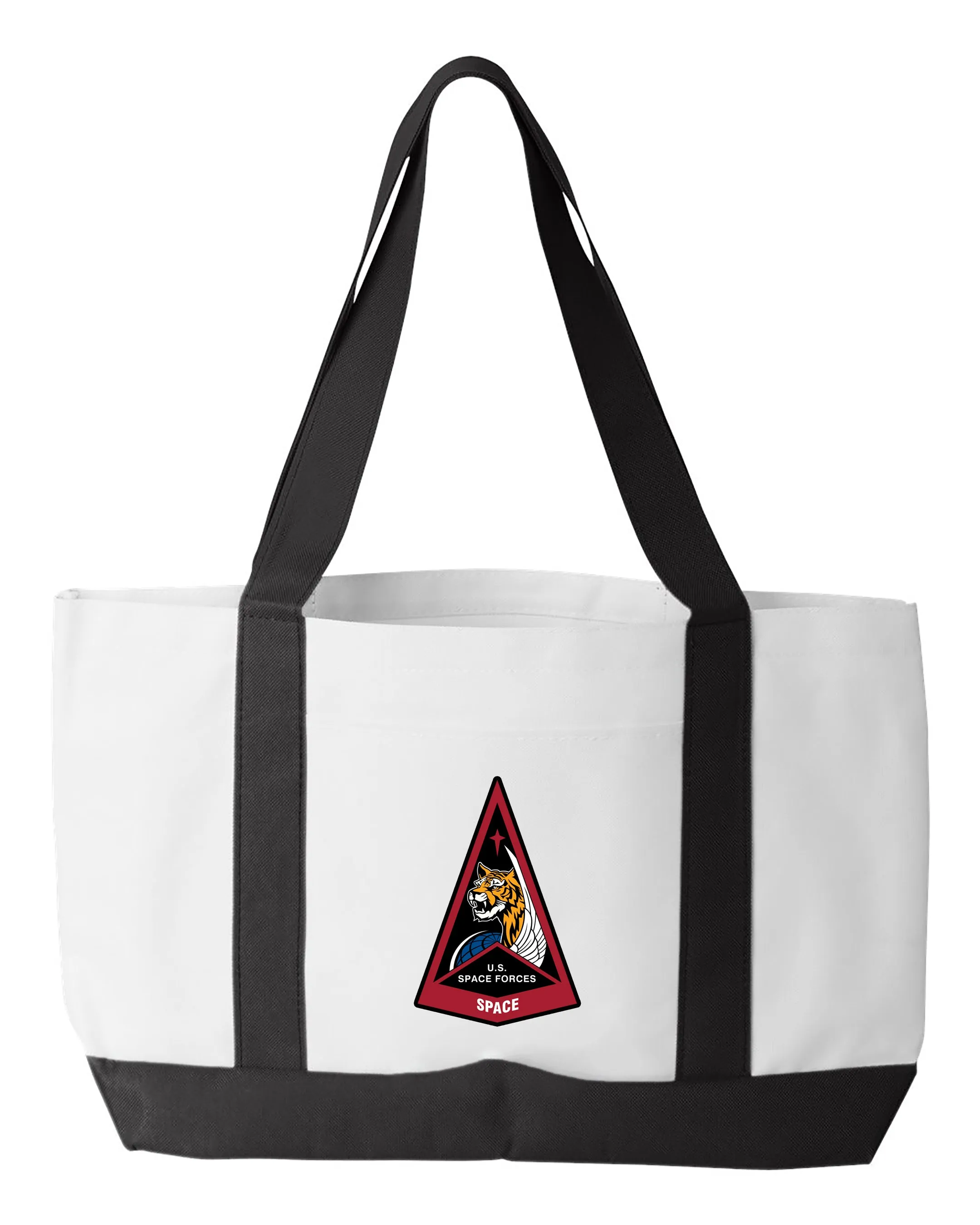 Shopping Bag - Multiple Designs. 18.5"W x 12"H with 3.5" depth. White Polyester with Black Straps and Bottom.