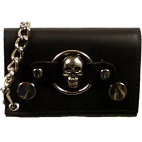 Skull Logo Genuine Leather Trifold Biker's Wallet ID Card Holder w/ Chain 1046-6 (C)
