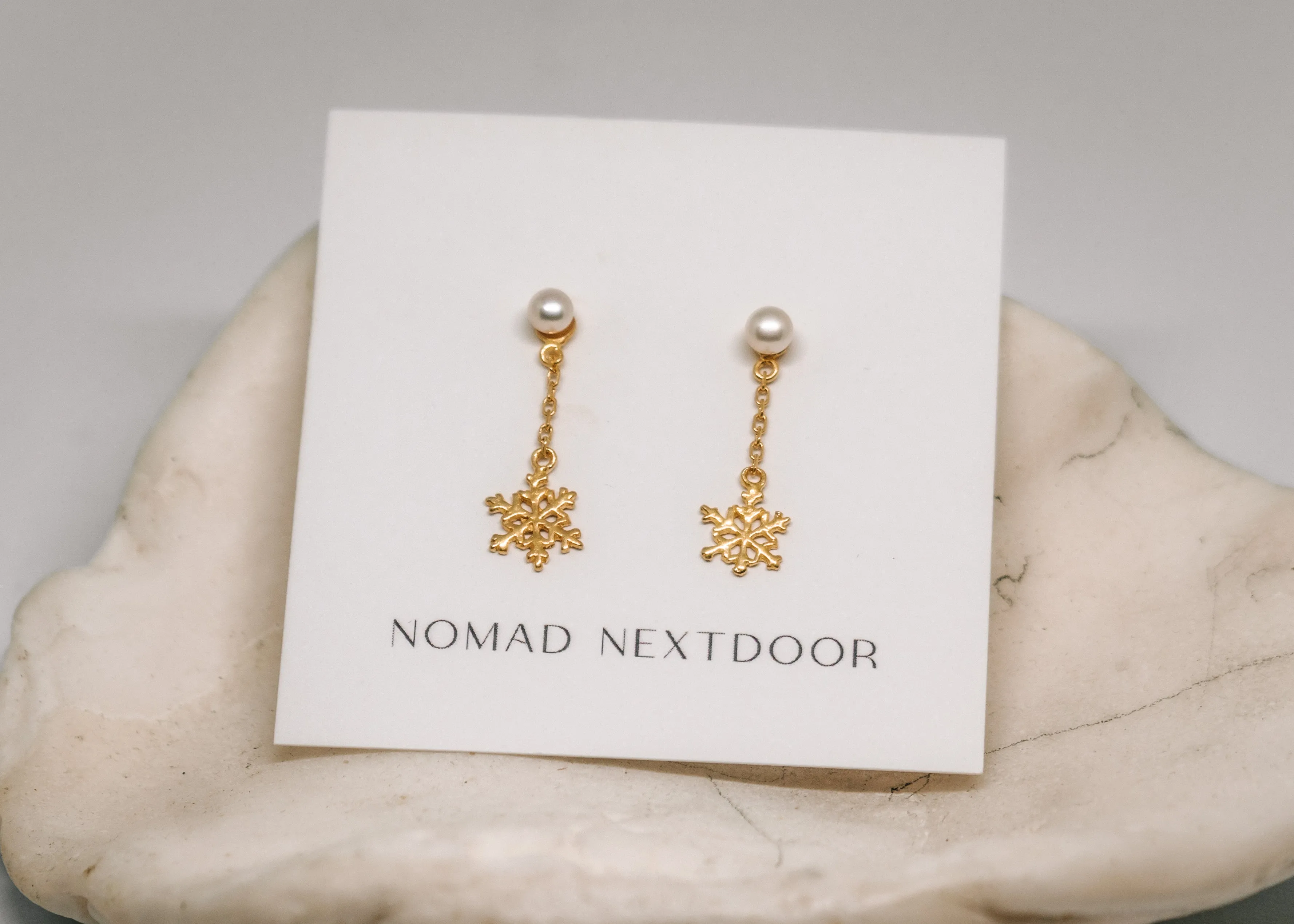 Snowflake Pearl Dangle Earrings Gold