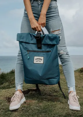 'The Adventurer' Recycled Roll-Top Backpack in Petrol Blue